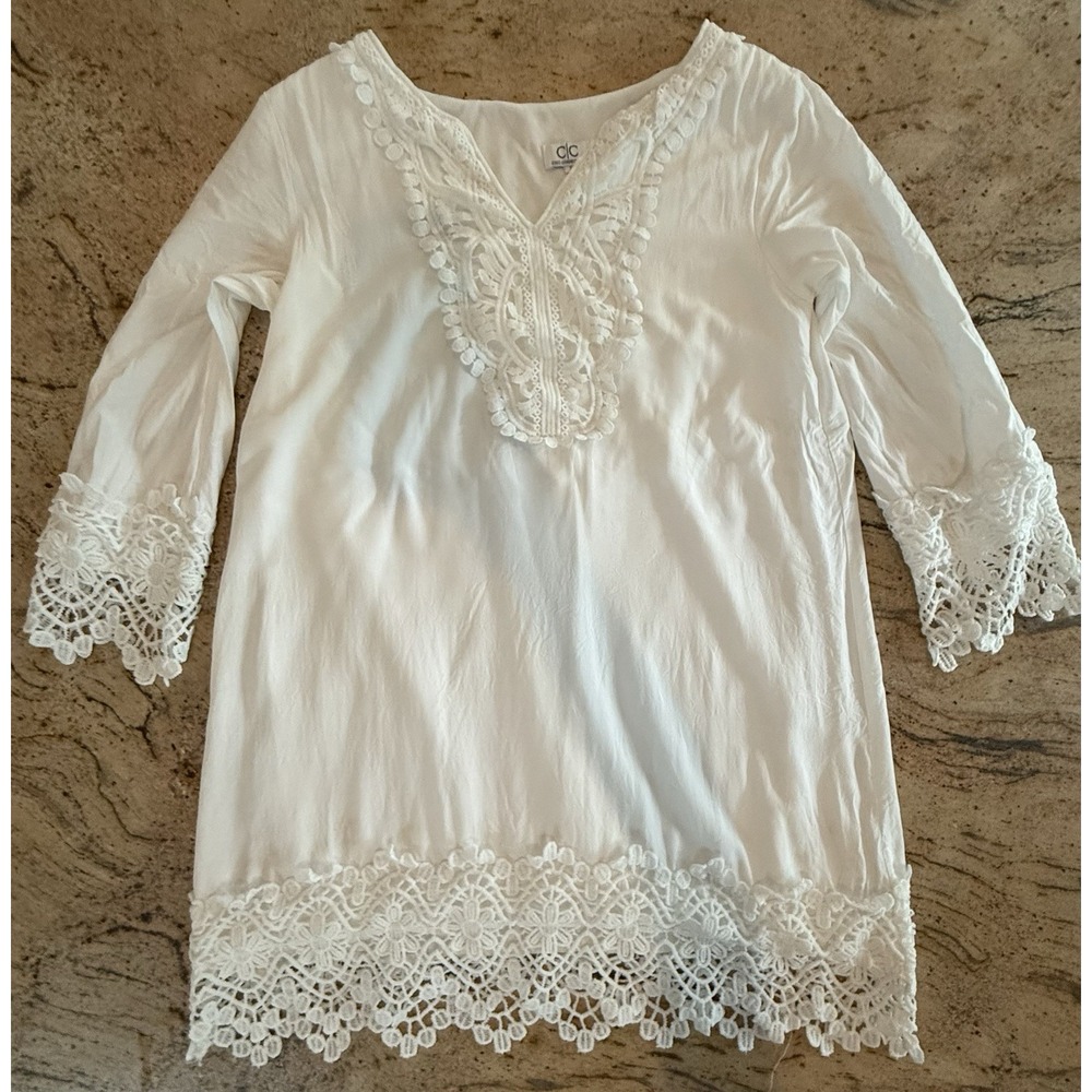 Chic Connection Long Tunic Blouse White Embroidered Boho Peasant Blouse Size Sm
